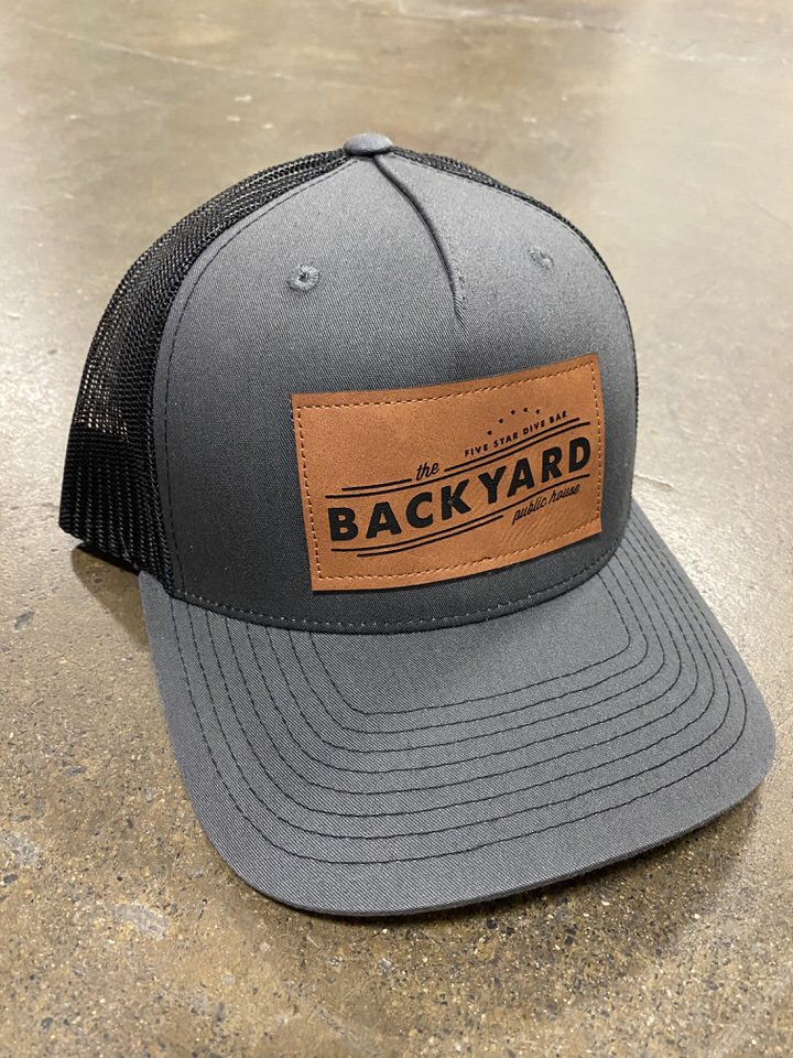 Leather Hashtag Black Patch Engraved Trucker Hat One Legging it Around #kuczkowski 