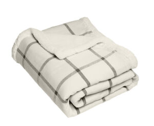 Photo of a cream & grey plaid sherpa blanket.